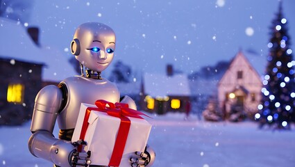 Humanoid robot with glowing blue eyes holding a wrapped Christmas gift in a charming snowy village with twinkling lights.