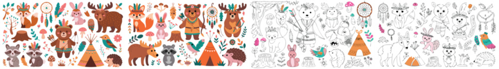 Naklejka premium Forest Animals Woodland Clipart Native American Style Illustration and Line Art Coloring Page Set