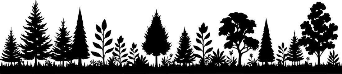 Obraz premium Tree Silhouettes, Forest Shapes, Pine Trees, Oak 