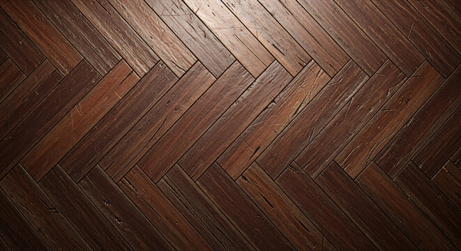 Distressed wood background texture of dark parquet floor in a herringbone pattern