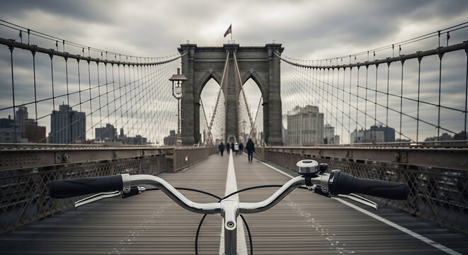 Experience the iconic Brooklyn Bridge from a unique first-person perspective, riding a bicycle across the historic span under a dramatic cloudy sky