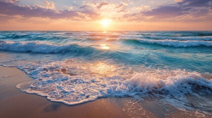 Turquoise ocean waves glisten under golden sunlight, revealing white sand with distant palm tree silhouettes in a tropical scene.