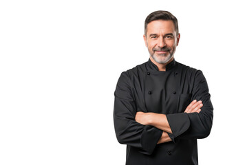 Happy confident male chef with folded arms, smiling, isolated on a transparent background