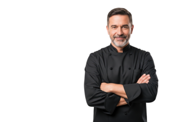Happy confident male chef with folded arms, smiling, isolated on a transparent background