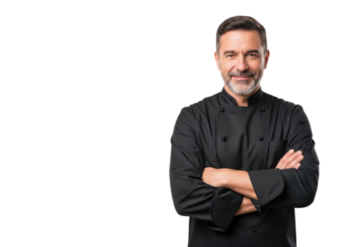 Happy confident male chef with folded arms, smiling, isolated on a transparent background