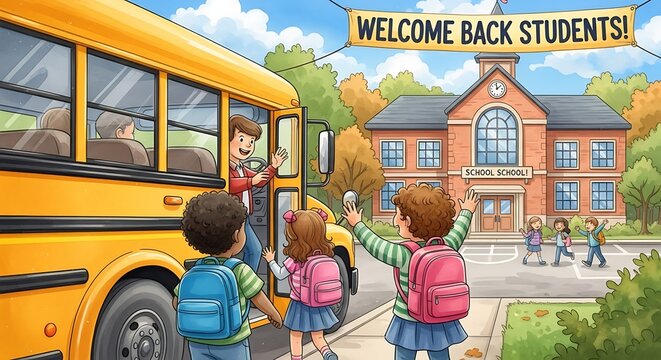 Illustration of children boarding a school bus in front of a school with welcome banner hanging