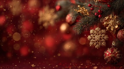 festive red Christmas background, golden snowflakes and ornaments, soft warm bokeh, pine branches with red and gold decorations, elegant holiday celebration