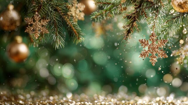 festive green Christmas background, golden snowflakes and shiny gold sequins, sparkling lights and bokeh, evergreen pine branches with ornaments