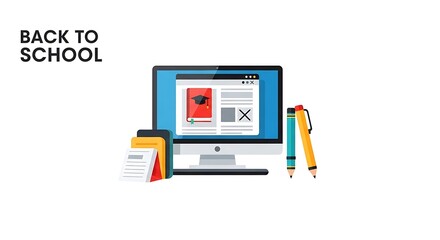Illustration of a computer with a book and graduation cap on the screen with school supplies around it
