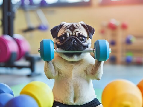 pug in workout clothes lifting small dumbbells, playful expression and fitness room background 
