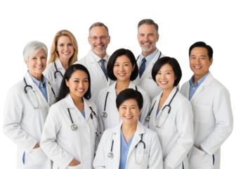 Group of happy smiling doctors standing together, isolated on a transparent background