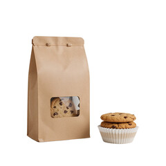 Artisanal delights a kraft paper bag and cupcake showcase with chocolate chip treats on clear