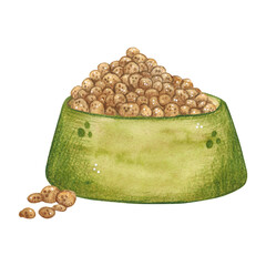 Green cup with pet food. Watercolor illustration hand drawn, cartoon. Drawing for stickers, cards, posters. Food, cat, dog, food, nutrition, cup, green, bowl, treat