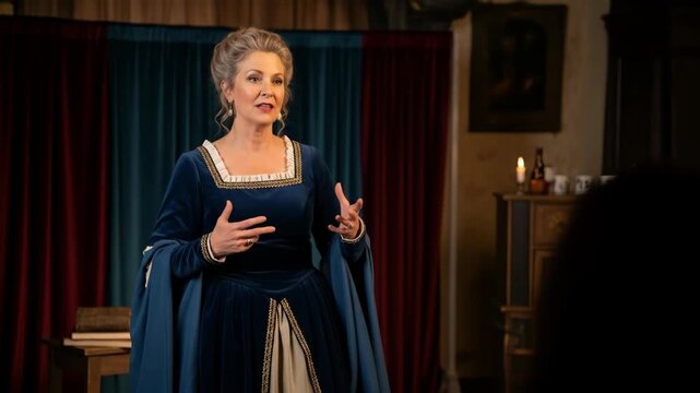 Woman in Elegant Blue Historical Costume Expressing Emotions During Dramatic Performance