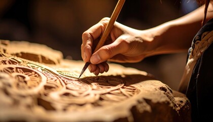 Obraz premium Artisan's Hand Delicately Carving Intricate Traditional Patterns into Textured Wood with a Fine Chisel, Bathed in Warm Light