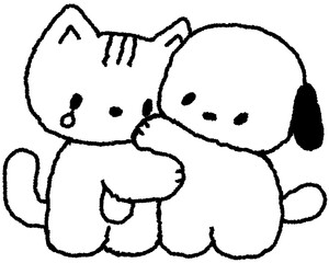 고양이와 강아지 포옹 손그림 라인 일러스트