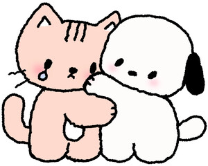 고양이와 강아지 포옹 손그림 스티커 일러스트