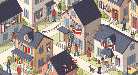 Diverse neighbors in a suburban community decorate their houses with international flags for a festive celebration.