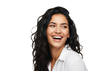 Happy laughing beautiful young woman looking away, isolated on a transparent background