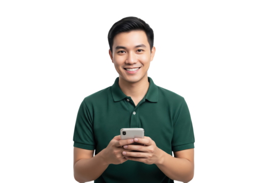 Happy smiling handsome Asian man using a smartphone, isolated on a transparent background - Powered by Adobe