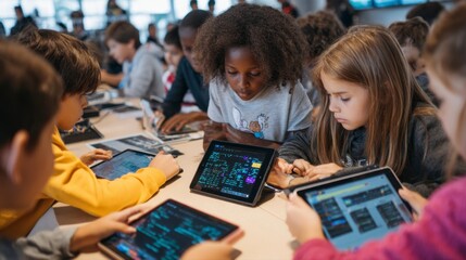 Diverse Students Engaged in Coding Activities at Elementary School
