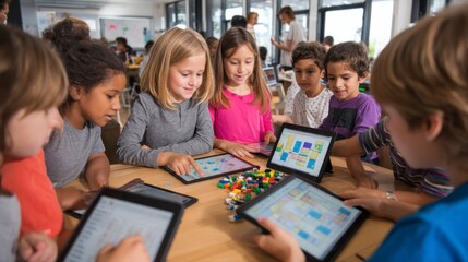 Diverse Students Engaging in Coding Activities at Elementary School