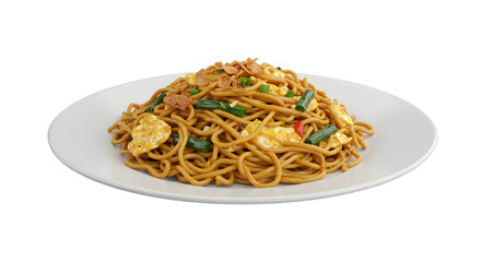 Delicious mie goreng noodles plate with egg and fresh green vegetables