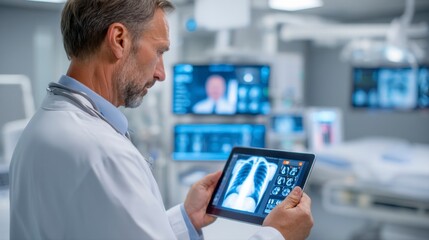 Medical Resident Reviewing Patient Scans on Tablet in Hospital Setting