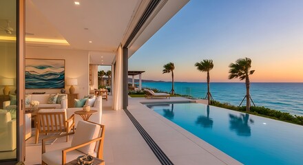Fototapeta premium Luxury villa with ocean view infinity pool and sunset, blending indoor and outdoor living seamlessly