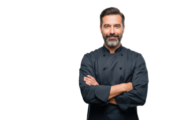 Happy confident male chef with folded arms, smiling, isolated on a transparent background