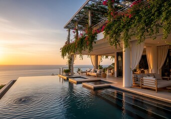Fototapeta premium Luxury villa with infinity pool overlooking a vibrant ocean sunset ambiance scene
