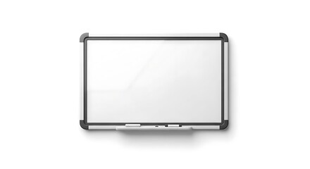 A white dry erase board with a dark gray frame and a white background in a studio setting