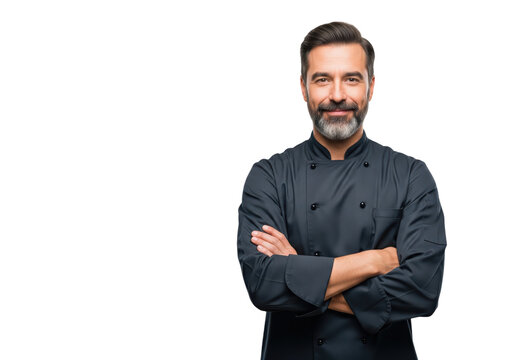 Happy confident male chef with folded arms, smiling, isolated on a transparent background