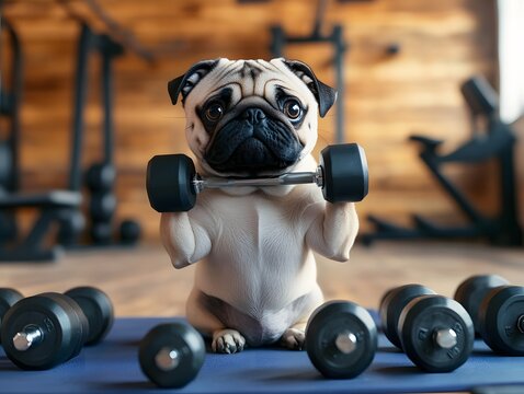 pug in workout clothes lifting small dumbbells, playful expression and fitness room background 
