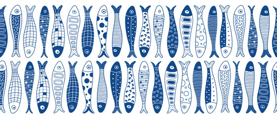 Vector seamless horizontal border with fish. Cute illustration. Sardines, salmon, tuna, tilapia.