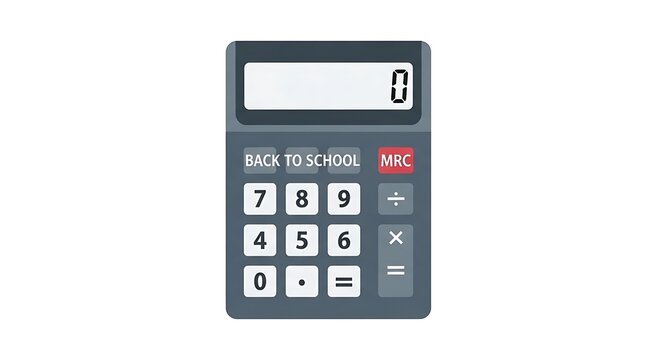 A gray calculator with a blank screen and back to school written on it on a white background