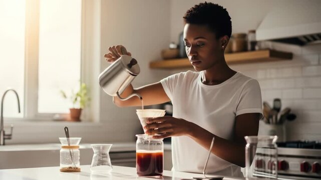 Woman Pouring Coffee Through A Filter Into A Glass Jar While Standing In A Bright Kitchen