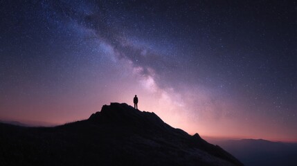 Fototapeta premium Person on mountaintop gazing at starry night sky
