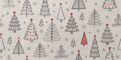 Repeating line-art pattern of quirky hand-drawn Christmas trees on textured matte gray paper







