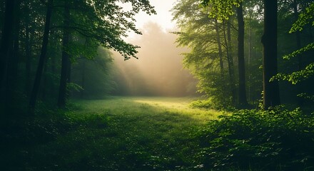 Obraz premium Enchanting sunlit meadow in a forest with lush greenery and mystic atmosphere