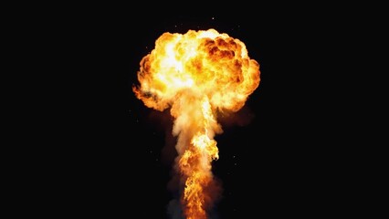 A fiery mushroom cloud erupts in a massive explosion against a black background, capturing intense energy, destruction, combustion, and the terrifying power of a high-impact catastrophic blast.