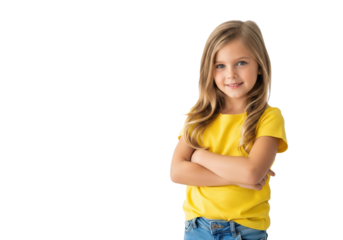  Happy smiling little girl with folded arms, looking at camera, isolated on a transparent background