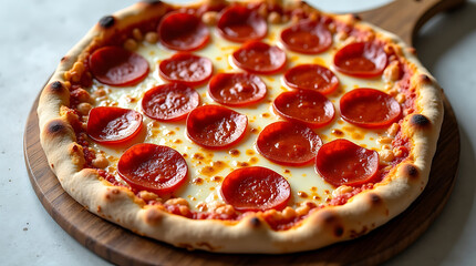 Delicious Pepperoni Pizza on a Wooden Board Ready to Eat
