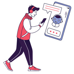 Man with headphones texting a chatbot on his phone isolated on transparent background