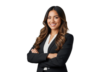 Confident happy businesswoman with folded arms, smiling, isolated on a transparent background