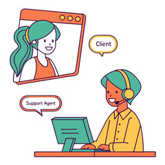 Customer support agent and client communicating online isolated on transparent background
