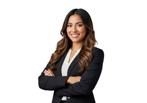 Confident happy businesswoman with folded arms, smiling, isolated on a transparent background