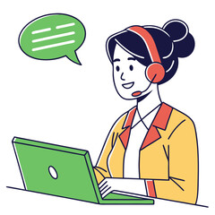 Customer service representative with headset and laptop isolated on transparent background