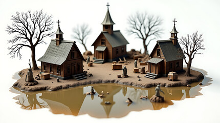 Miniature Detailed Diorama Western Town with Wooden Church Building Scenery