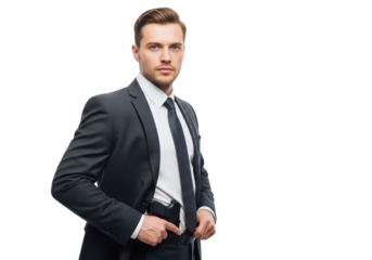 Serious Asian man in a suit with a handgun, isolated on a transparent background